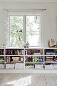 In-built bookshelves under the window