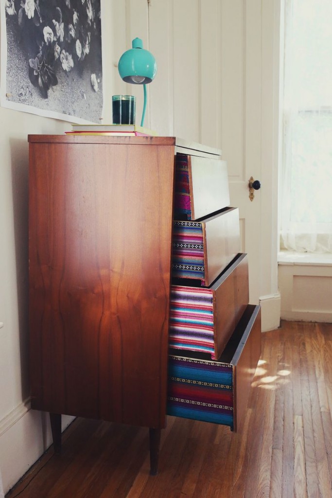 Drawers decorated with colourful fabric