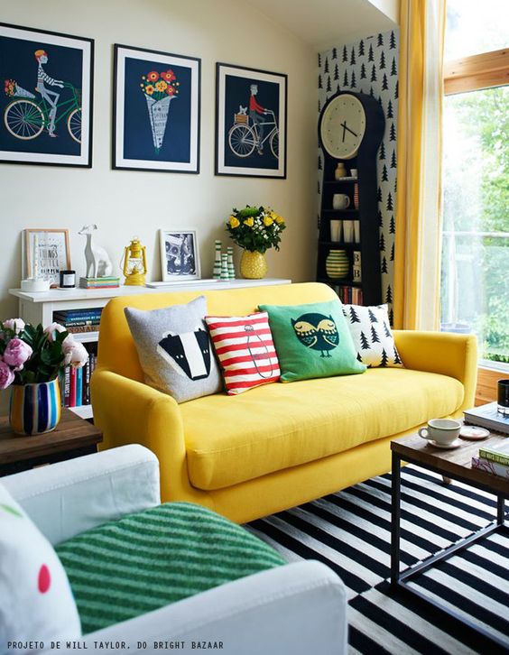 Yellow sofa in a quirky living room