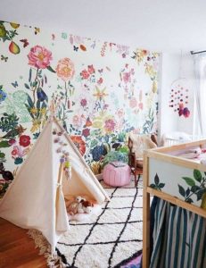 Lush floral wallpaper in a nursery