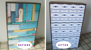Before and after shoe cabinet makeover with self-adhesive wallpaper