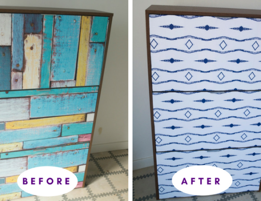 Before and after shoe cabinet makeover with self-adhesive wallpaper