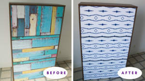 Shoe cabinet makeover with self-adhesive wallpaper