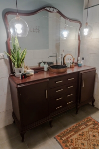 Barcelona home tour: ensuite bathroom with recycled vanity