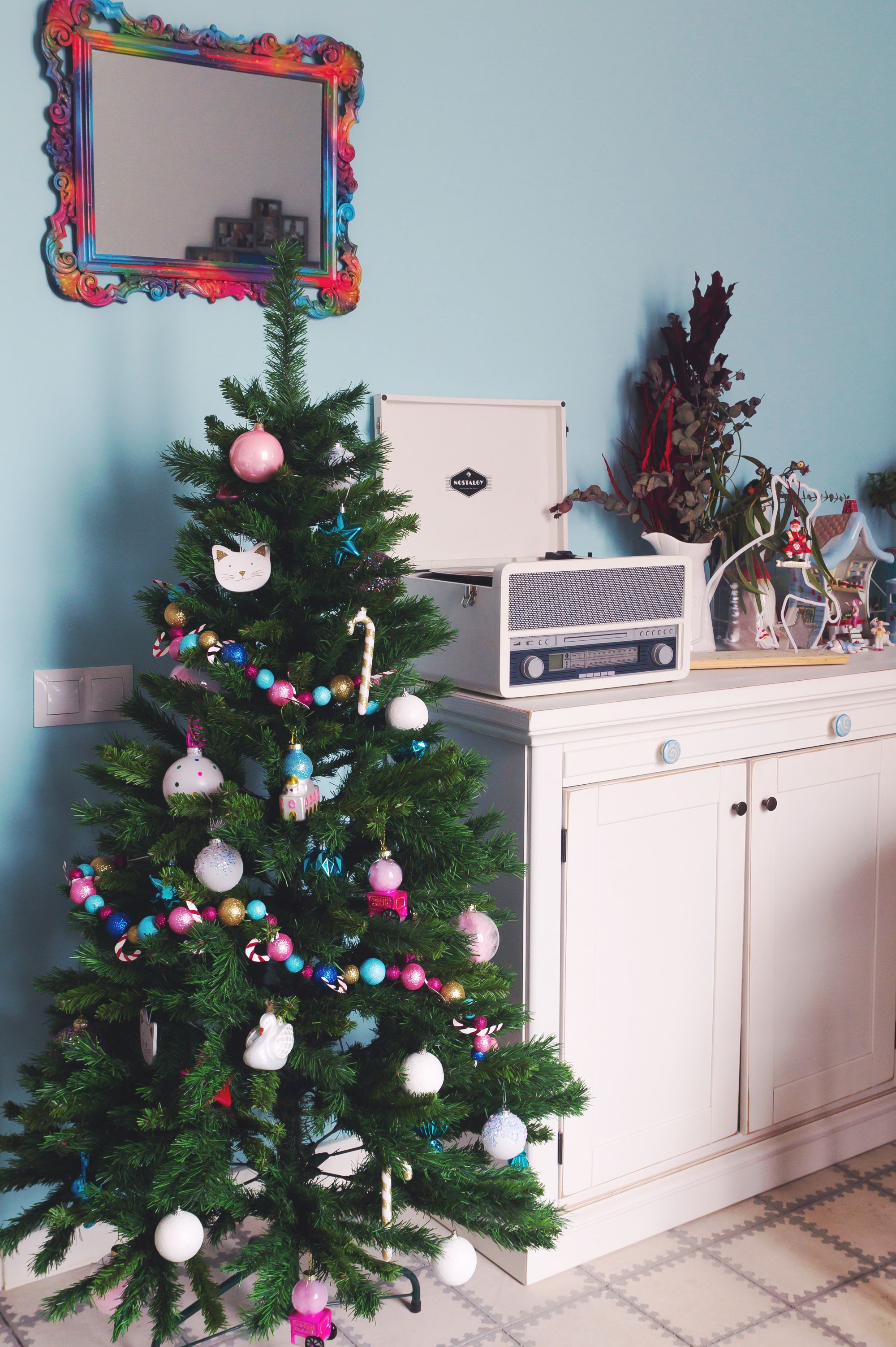 My Christmas tree 2019 in my colourful Barcelona living room