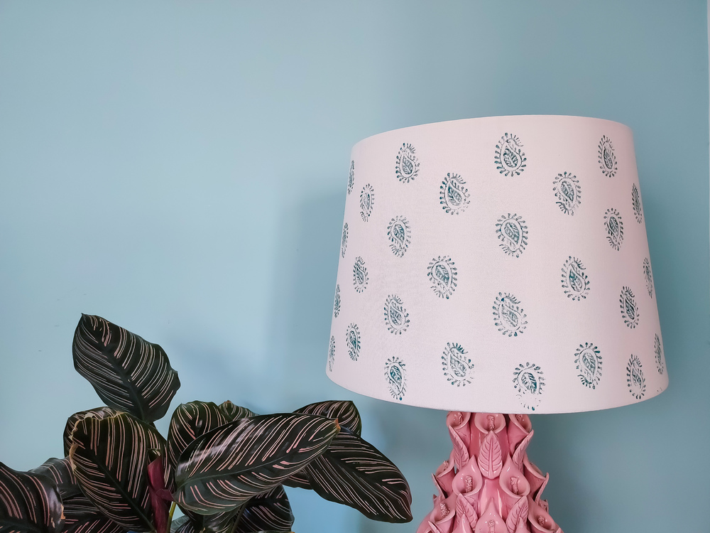 Lamp shade makeover with paisley design hand stamp