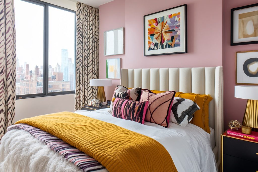 Eclectic and glam bedroom with blush pink wall and mustard yellow accents