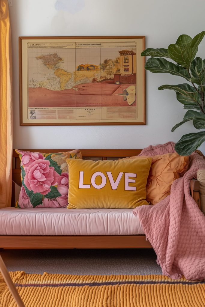 Vintage bohemian corner with pink and mustard yellow textiles and vintage map on the wall