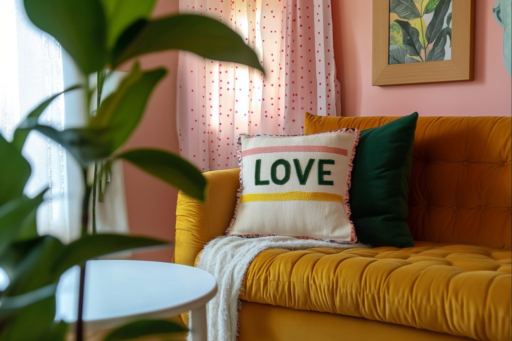 Bohemian style room with mustard yellow sofa and blush pink walls