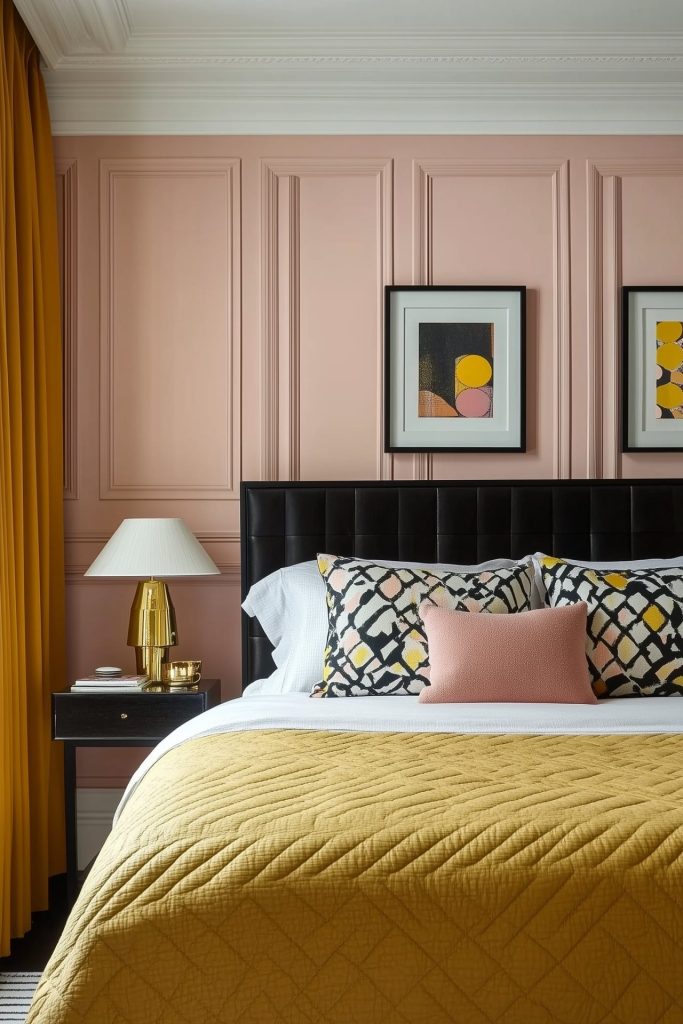 Luxurious modern glam bedroom, blush pink walls, black tufted headboard, mustard yellow bed throw