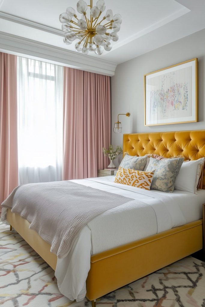 Modern glam bedroom with blush pink curtains and mustard yellow tufted headboard