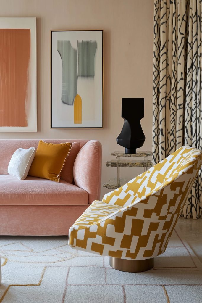 Eclectic modern living room with blush punk sofa and mustard and white print armchair