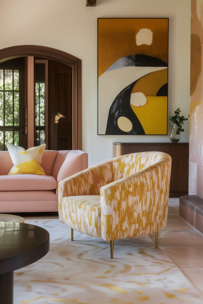 Eclectic house living room with blush pink sofa and armchair upholstered in white and mustard yellow Ikat fabric