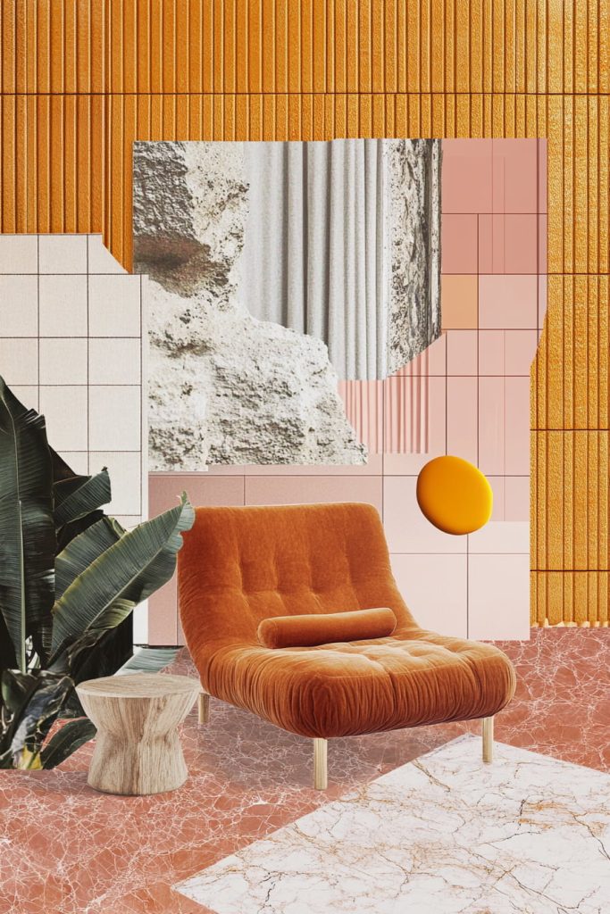 Mid-century modern collage in shades of blush pink, terracotta and gold