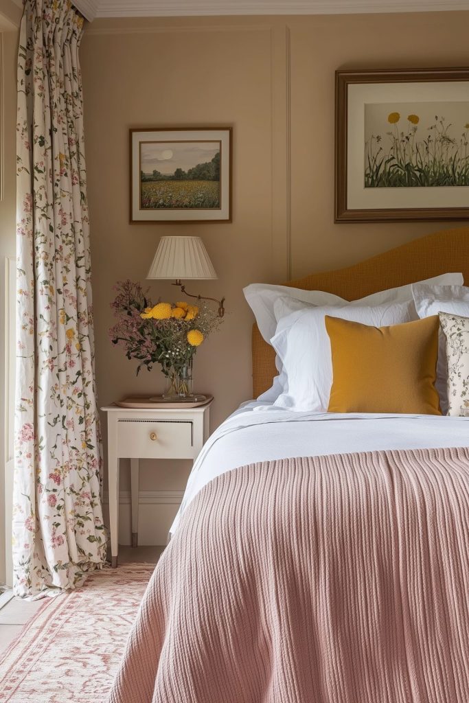 Country style bedroom in beige, blush pink and mustard yellow colour palette