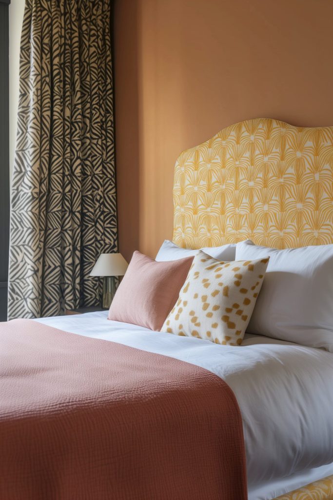 Eclectic bedroom in brown, mustard yellow and blush pink colour palette